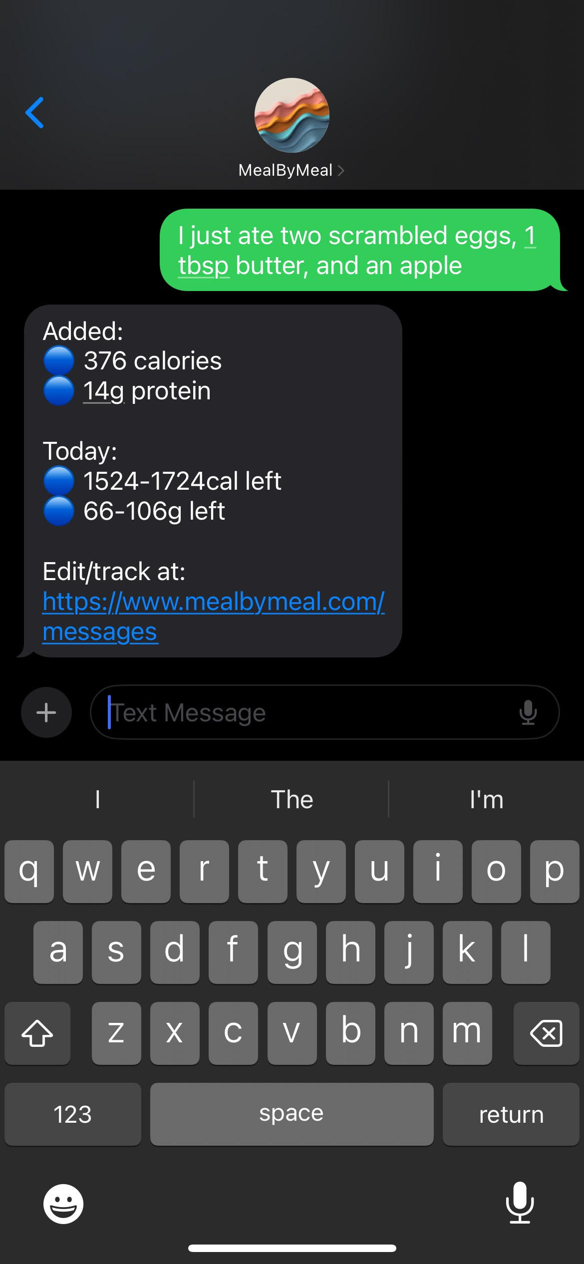 MealByMeal Text Message Screenshot