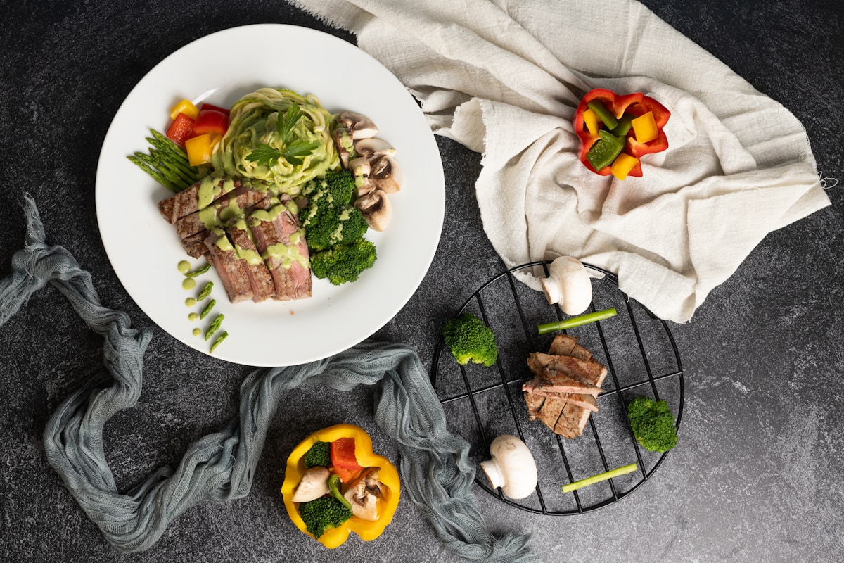 a white plate topped with meat and veggies